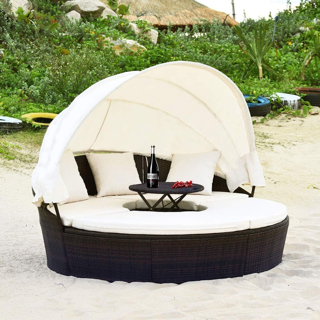 Alora Large 76-Inch Outdoor Patio Rattan Daybed Sofa W/ Adjustable Table Top, Canopy & 3 Pillows (SAK91254) – SAKSBY WHOLESAL