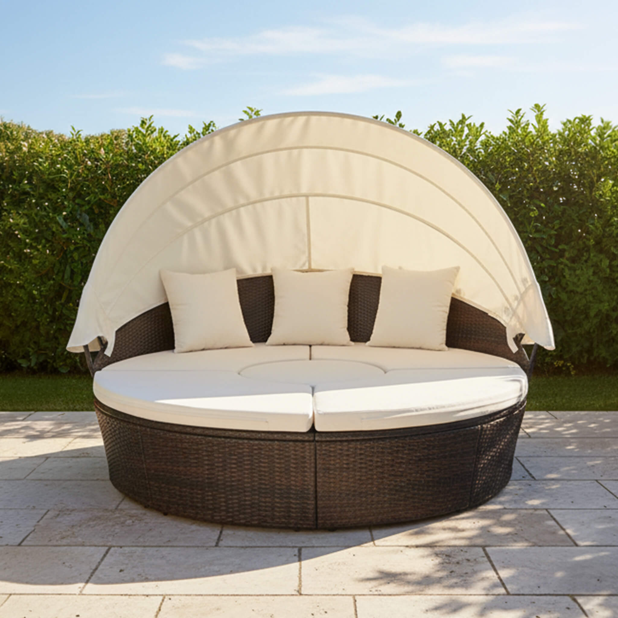 Alora Large 76-Inch Outdoor Patio Rattan Daybed Sofa W/ Adjustable Table Top, Canopy & 3 Pillows (SAK91254) – SAKSBY WHOLESAL