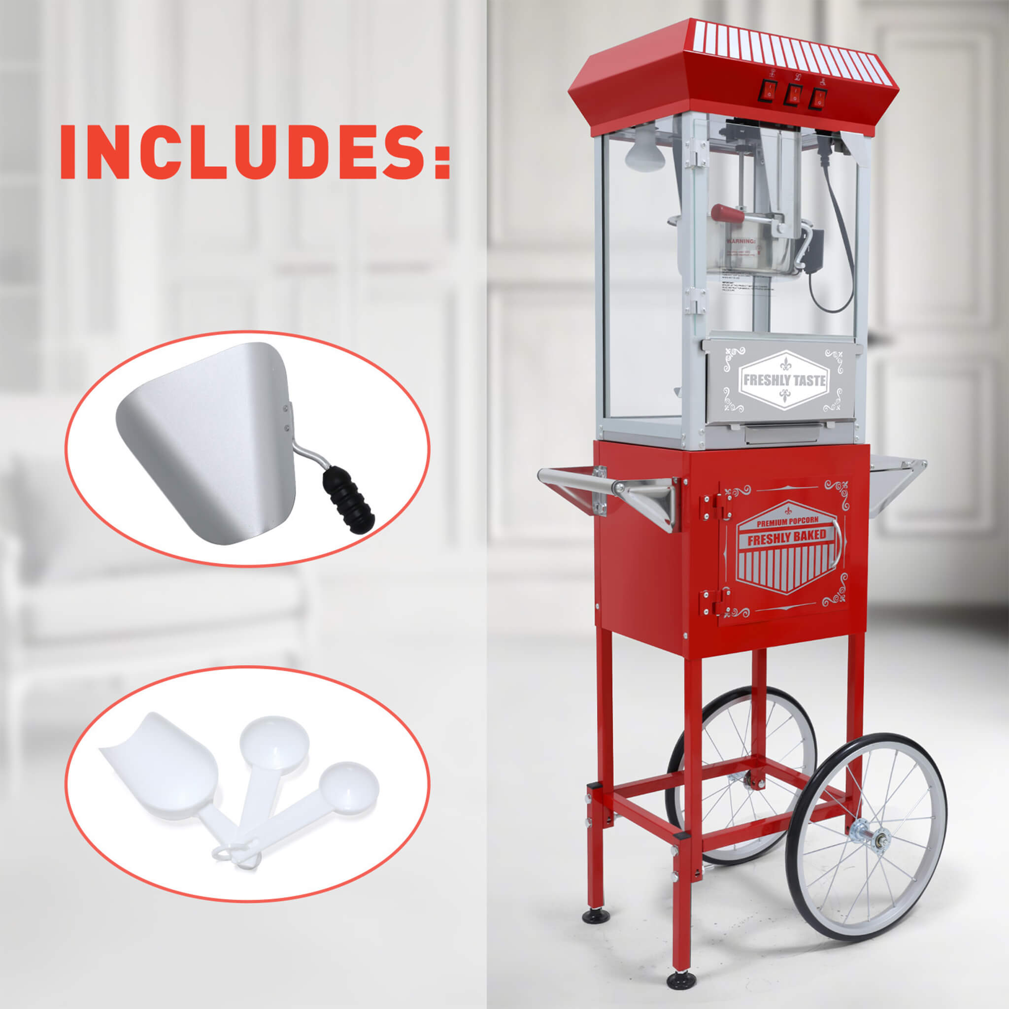 Large Premium 12-Ounce Vintage-Style Theater Popcorn Machine Maker With Cart, Red (SAK87184) – SAKSBY WHOLESALE, view 4