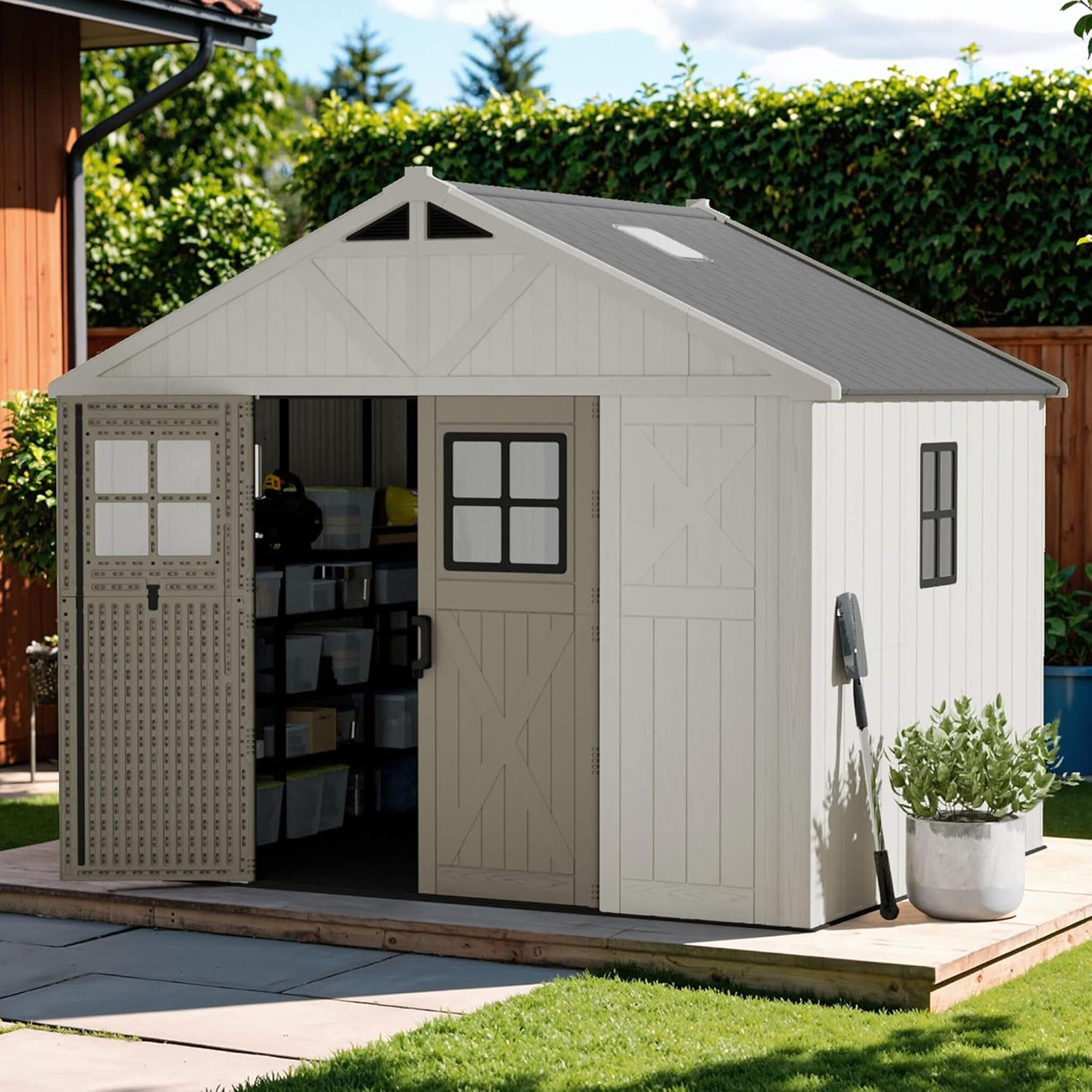 Alora Large Resin Outdoor Storage Shed With Floor, Windows, And Lockable Door (SAK98421) – SAKSBY WHOLESALE, view 7