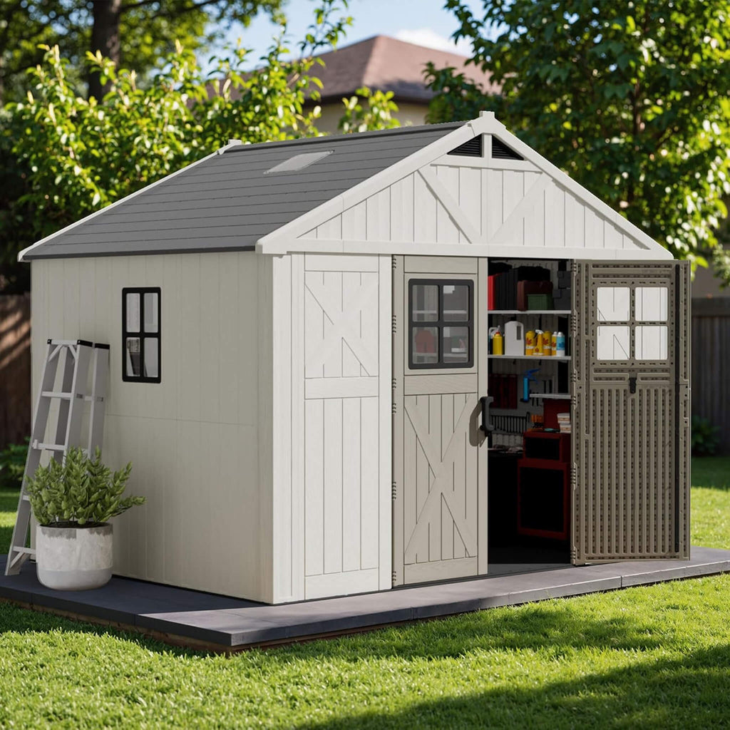 Alora Large Resin Outdoor Storage Shed With Floor, Windows, And Lockable Door (SAK98421) – SAKSBY WHOLESALE