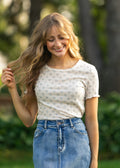 Inherit Co. Larza Blue Floral Lettuce Hem Top — fabric or material detail