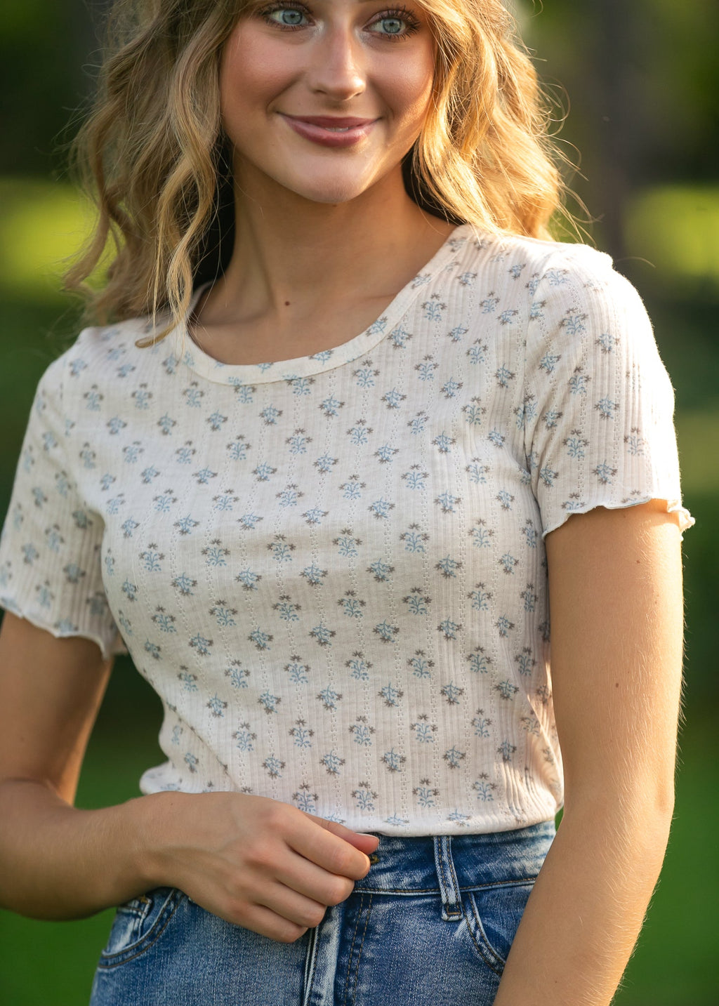 Larza Blue Floral Lettuce Hem Top — view 7