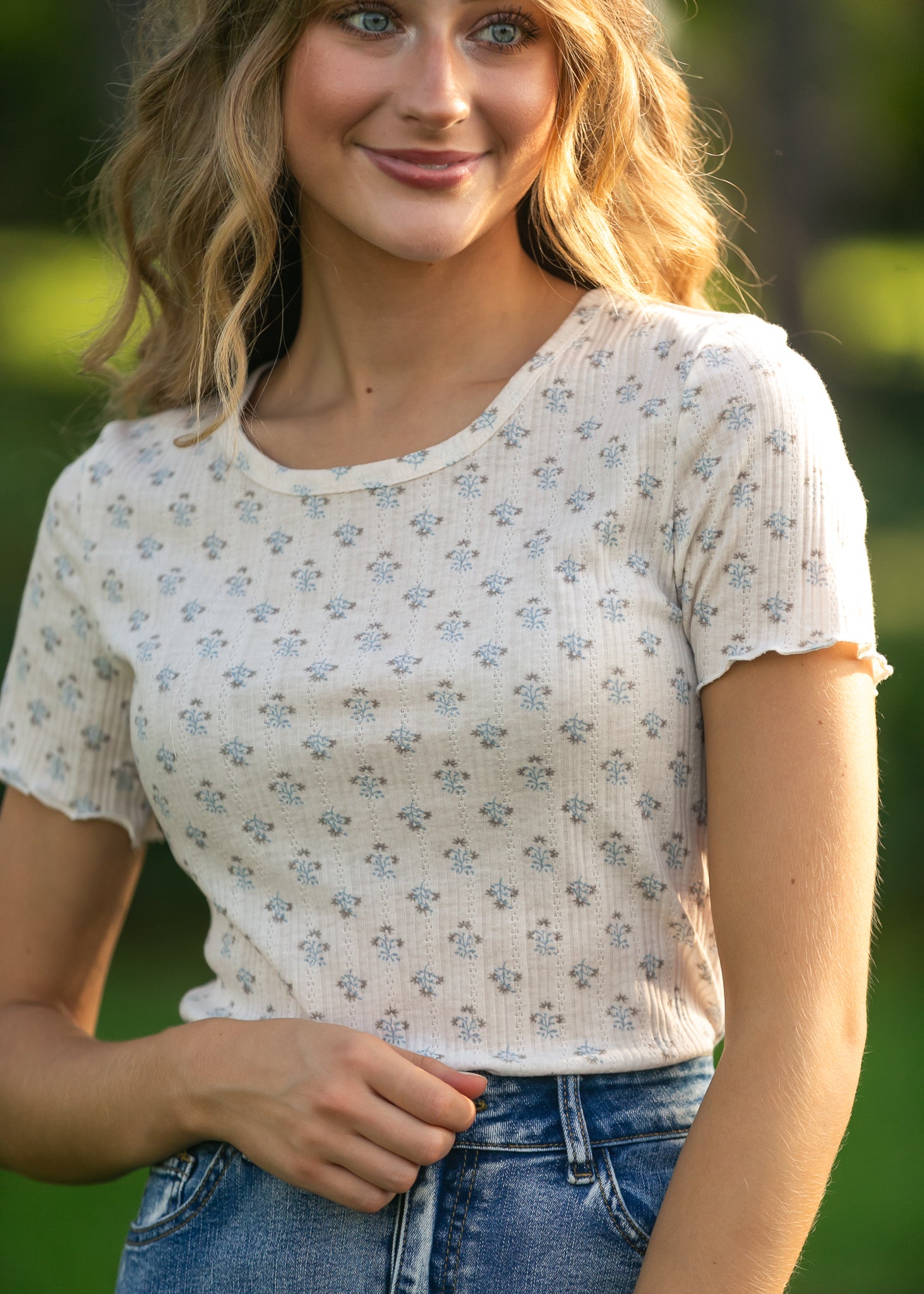 Larza Blue Floral Lettuce Hem Top — view 7