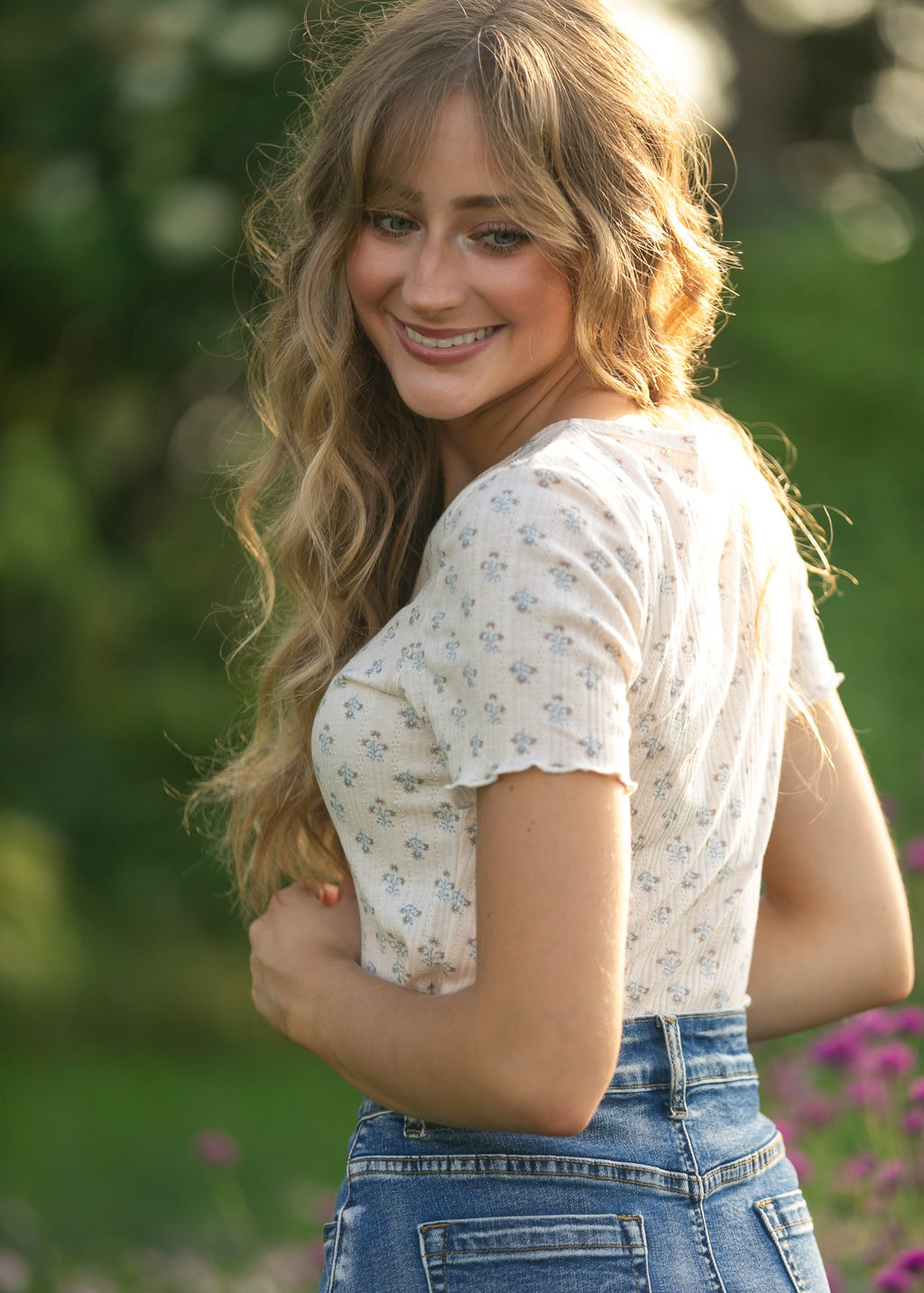 Inherit Co. Larza Blue Floral Lettuce Hem Top — product on model