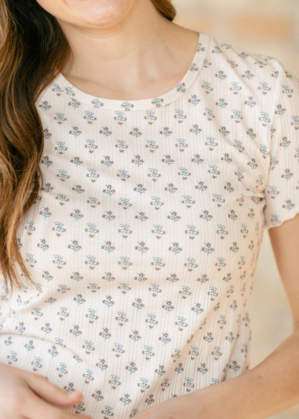 Larza Blue Floral Lettuce Hem Top — view 4