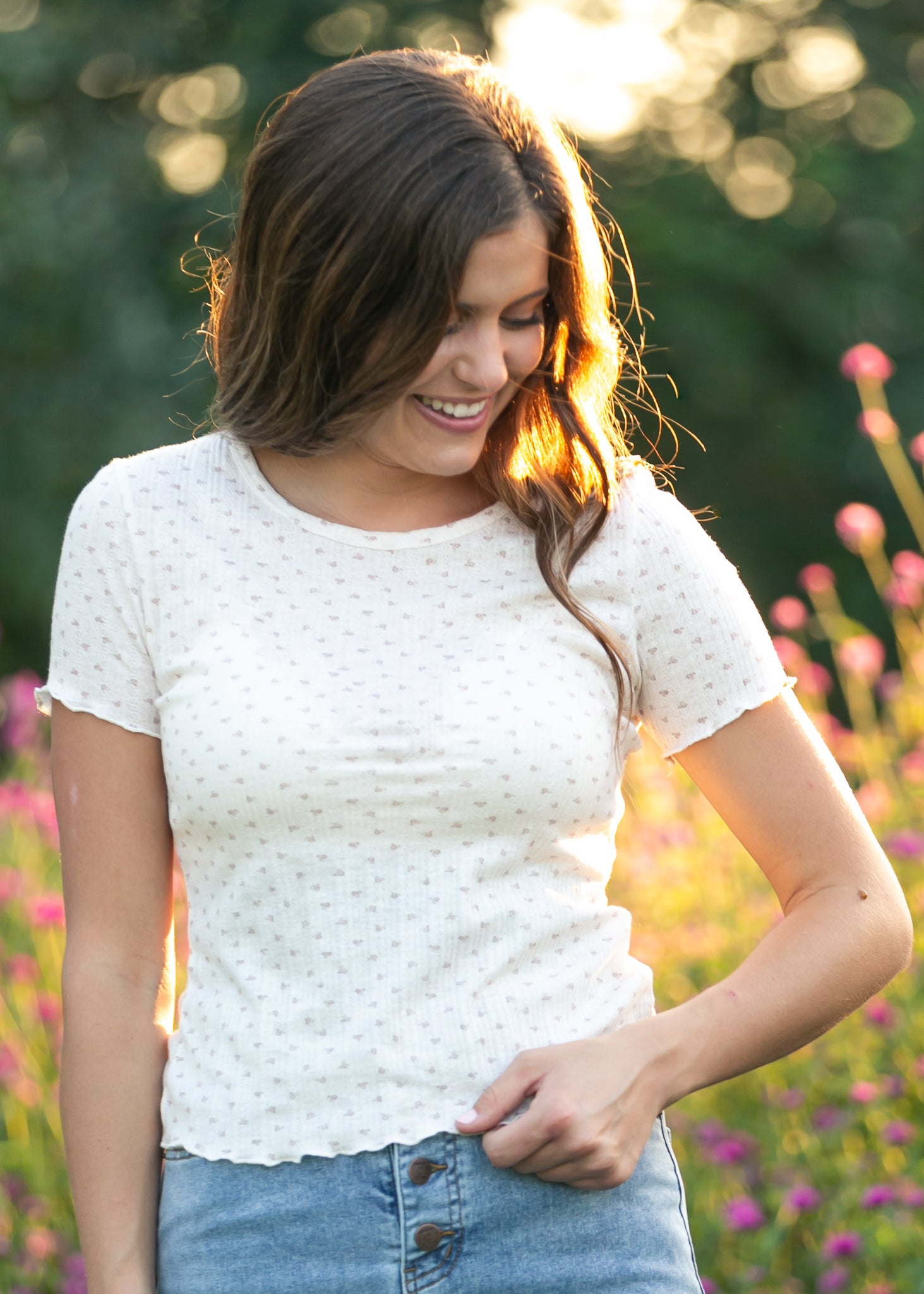 Inherit Co. Larza Taupe Floral Lettuce Hem Top — back view