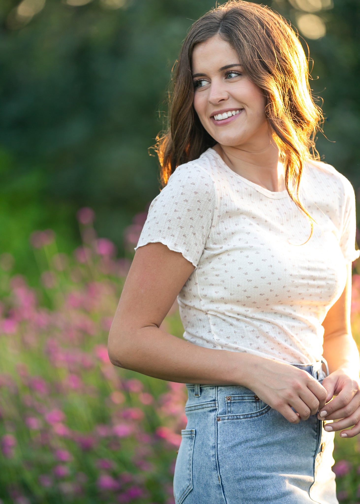 Inherit Co. Larza Taupe Floral Lettuce Hem Top — in-use photo