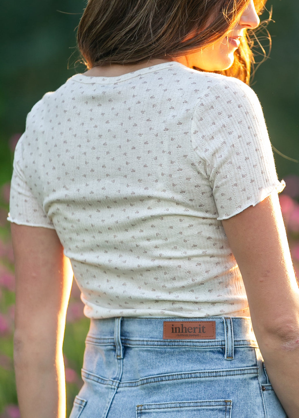 Inherit Co. Larza Taupe Floral Lettuce Hem Top — size reference