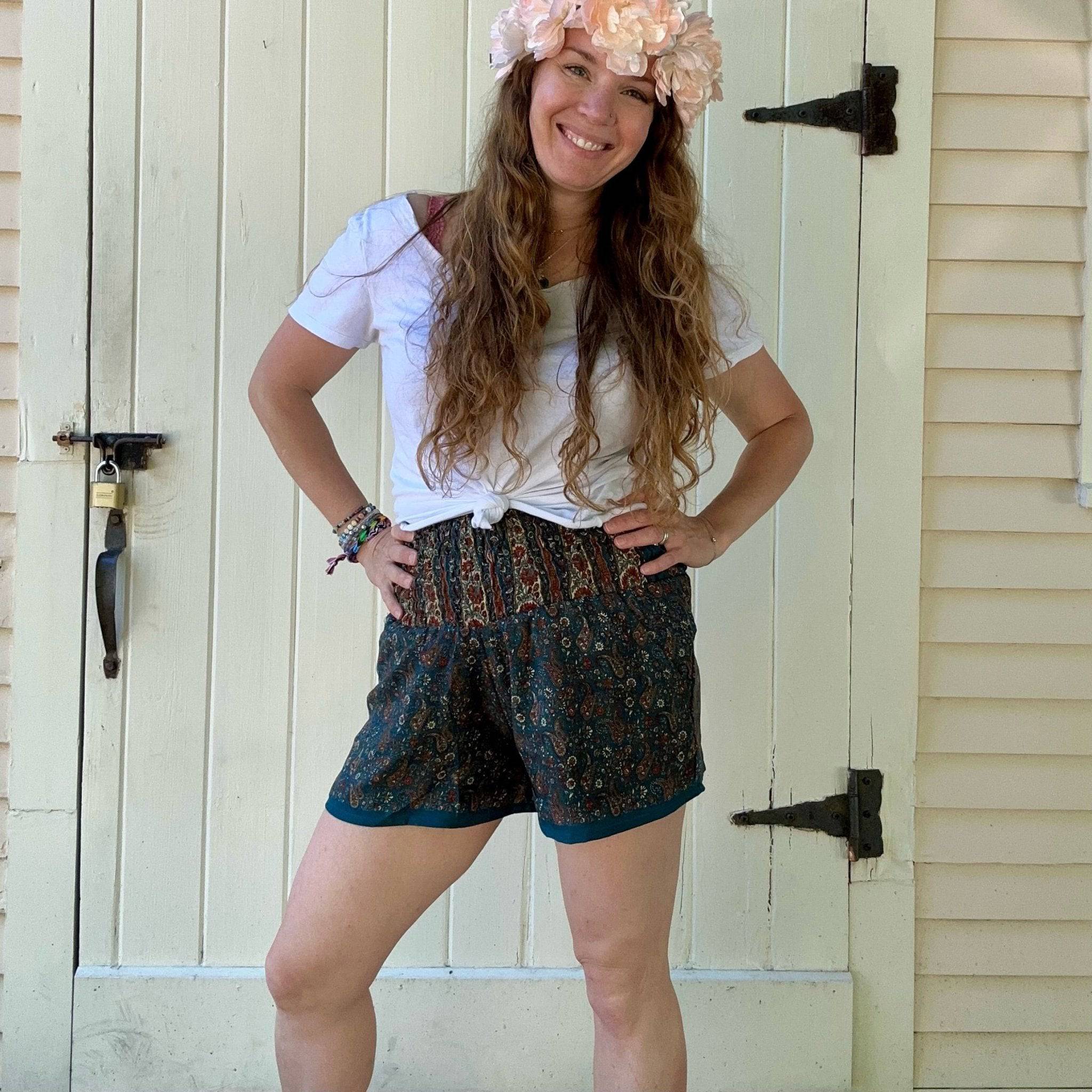 Darn Good Yarn Laurel Canyon Lounge Shorts — Darn Good Yarn branding close-up