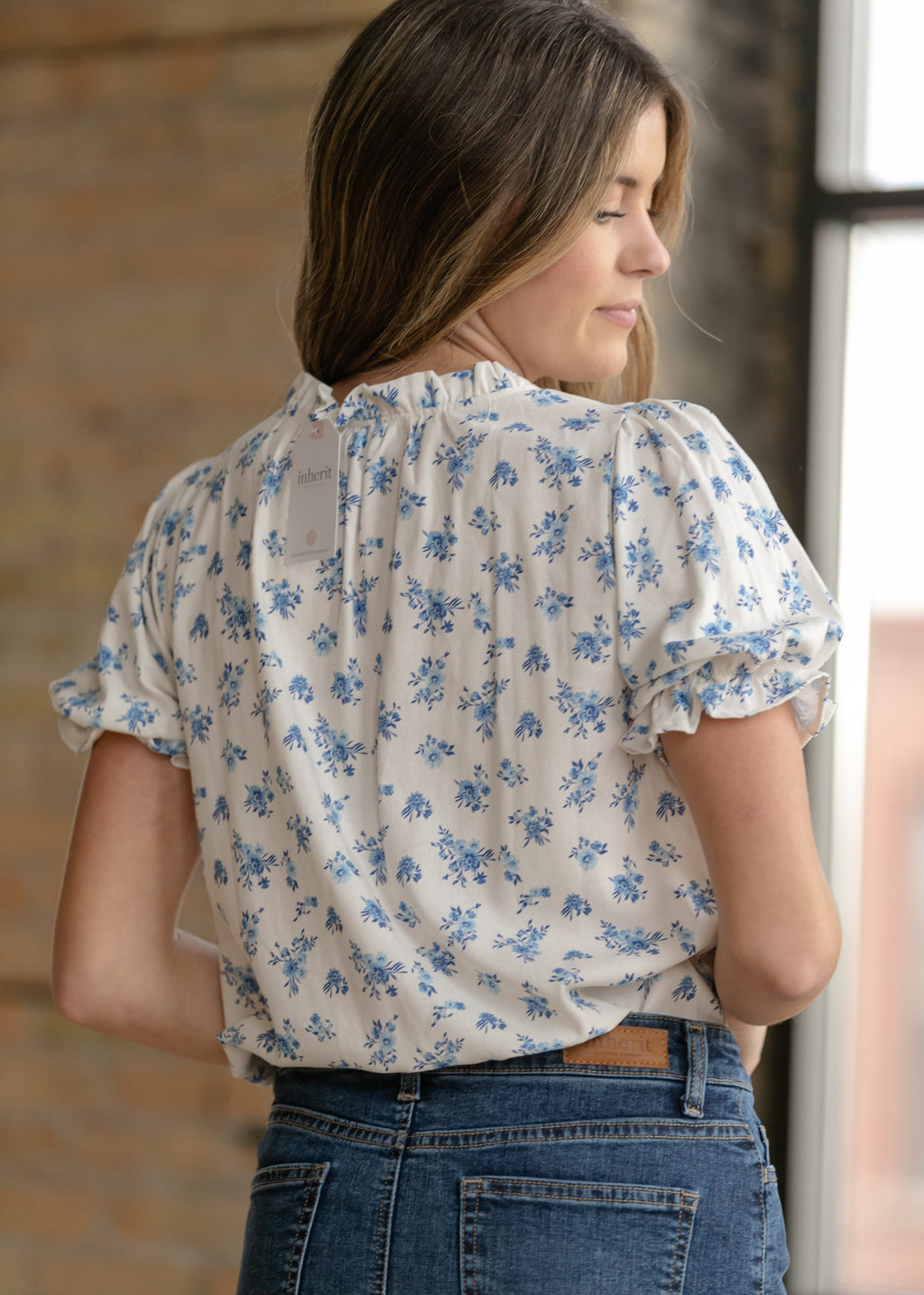 Inherit Co. Laurel V-neck Floral Short Sleeve Top — in-use photo