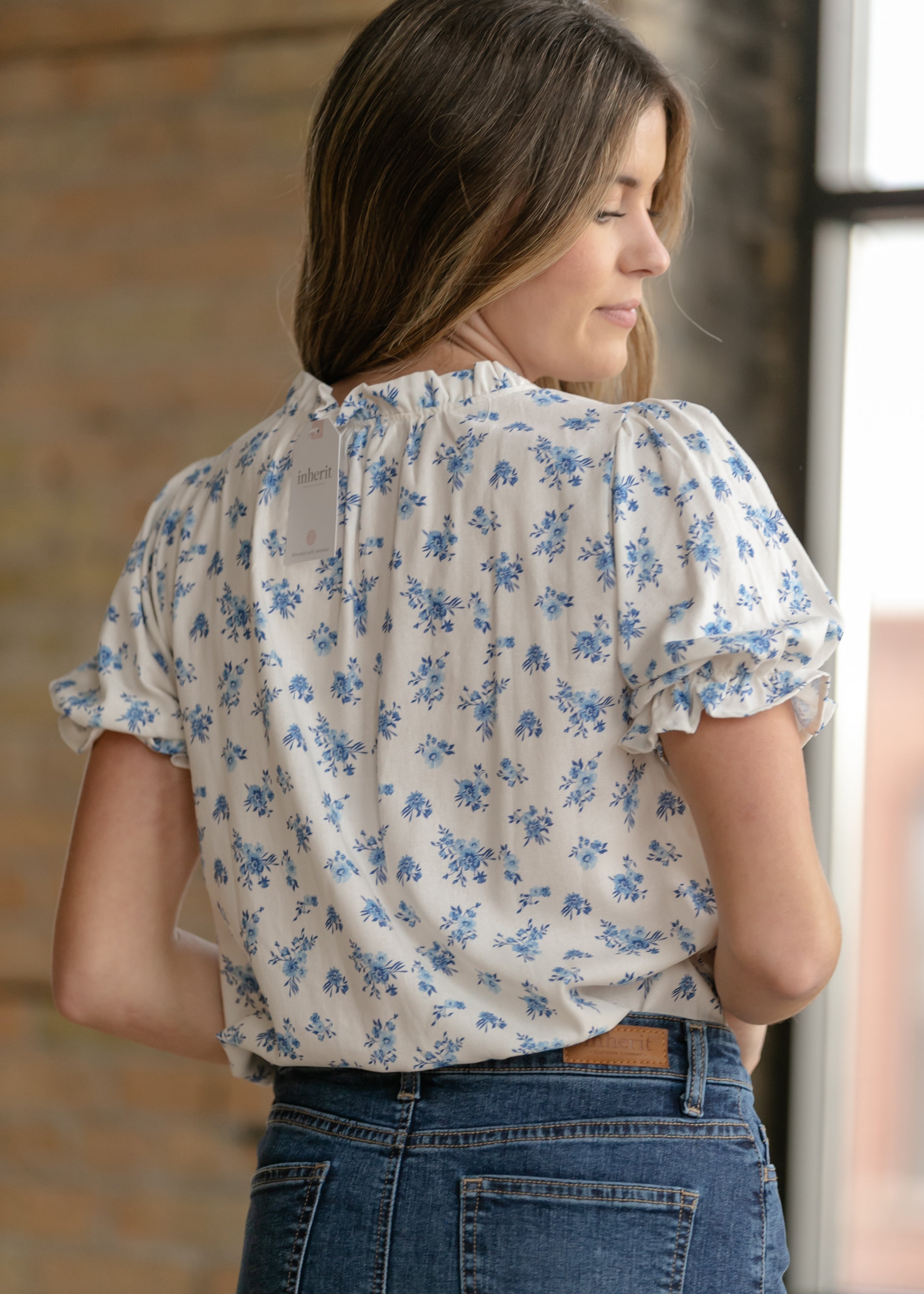 Inherit Co. Laurel V-neck Floral Short Sleeve Top — in-use photo