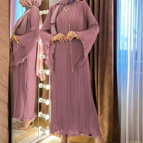 Lavender Dream Pleated Abaya | Modest Bell Sleeve Maxi Dress (MA263)