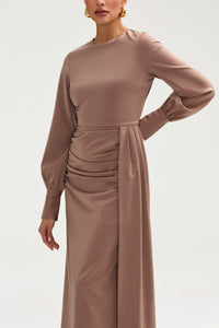 Laylani Satin Rouched Maxi Dress - Taupe Clothing Veiled 