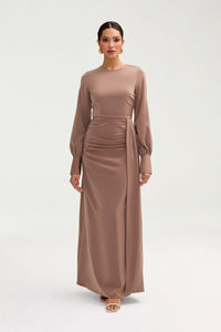 Laylani Satin Rouched Maxi Dress - Taupe Clothing Veiled 