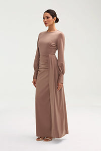 Laylani Satin Rouched Maxi Dress - Taupe Clothing Veiled 