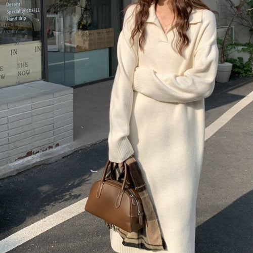 Lazy Style Polo Collar Knit Maxi Dress | Thick Sweater Base Layer Dress(MS157)