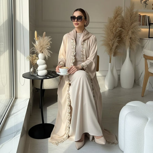 Leaf Lace Trim Abaya | Elegant Embroidered Open-Front Maxi Dress(MOA255)
