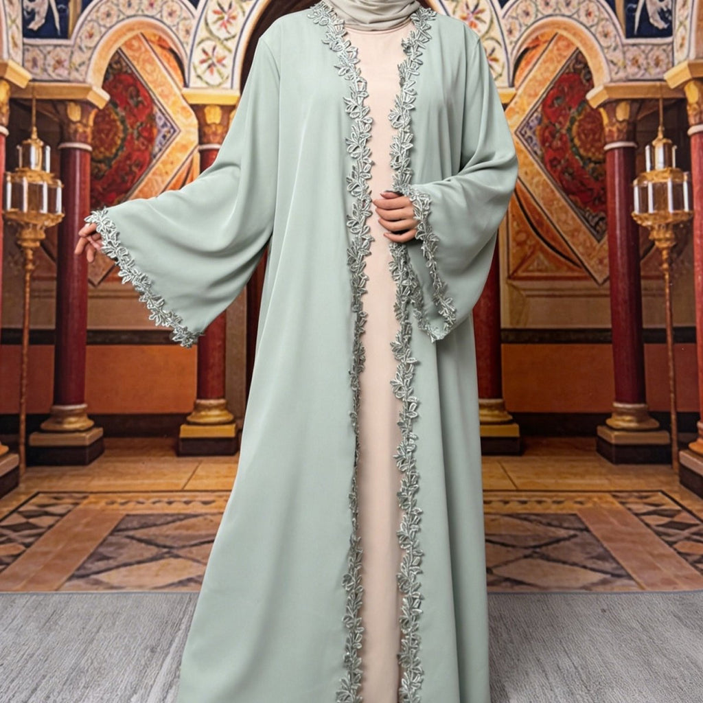 Leaf Lace Trim Abaya | Elegant Embroidered Open-Front Maxi Dress(MOA255)
