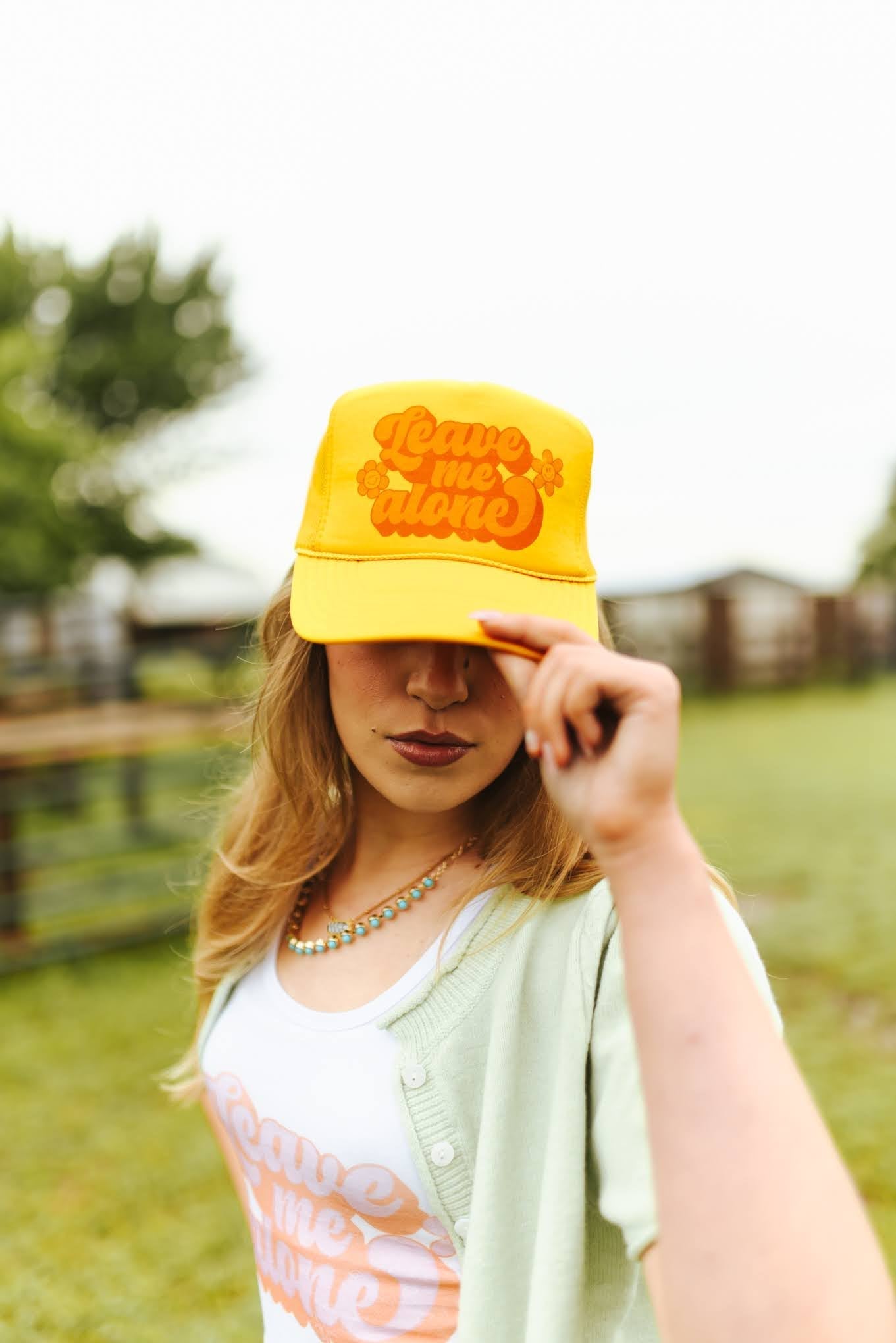 Wild Junkie Leave Me Alone Retro Flower Trucker Hat — hats category context
