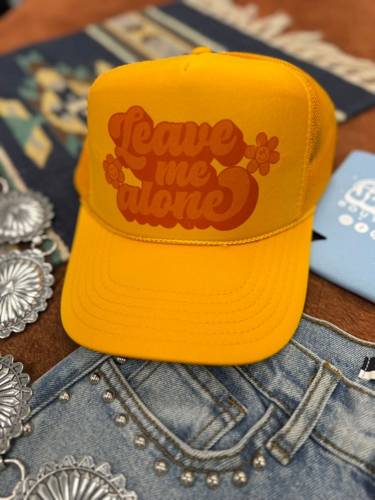 Wild Junkie Leave Me Alone Retro Flower Trucker Hat — construction detail