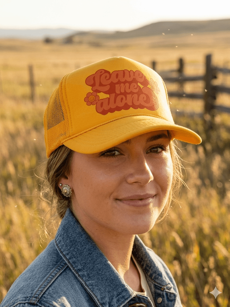 Wild Junkie Leave Me Alone Retro Flower Trucker Hat — lifestyle worn / used context