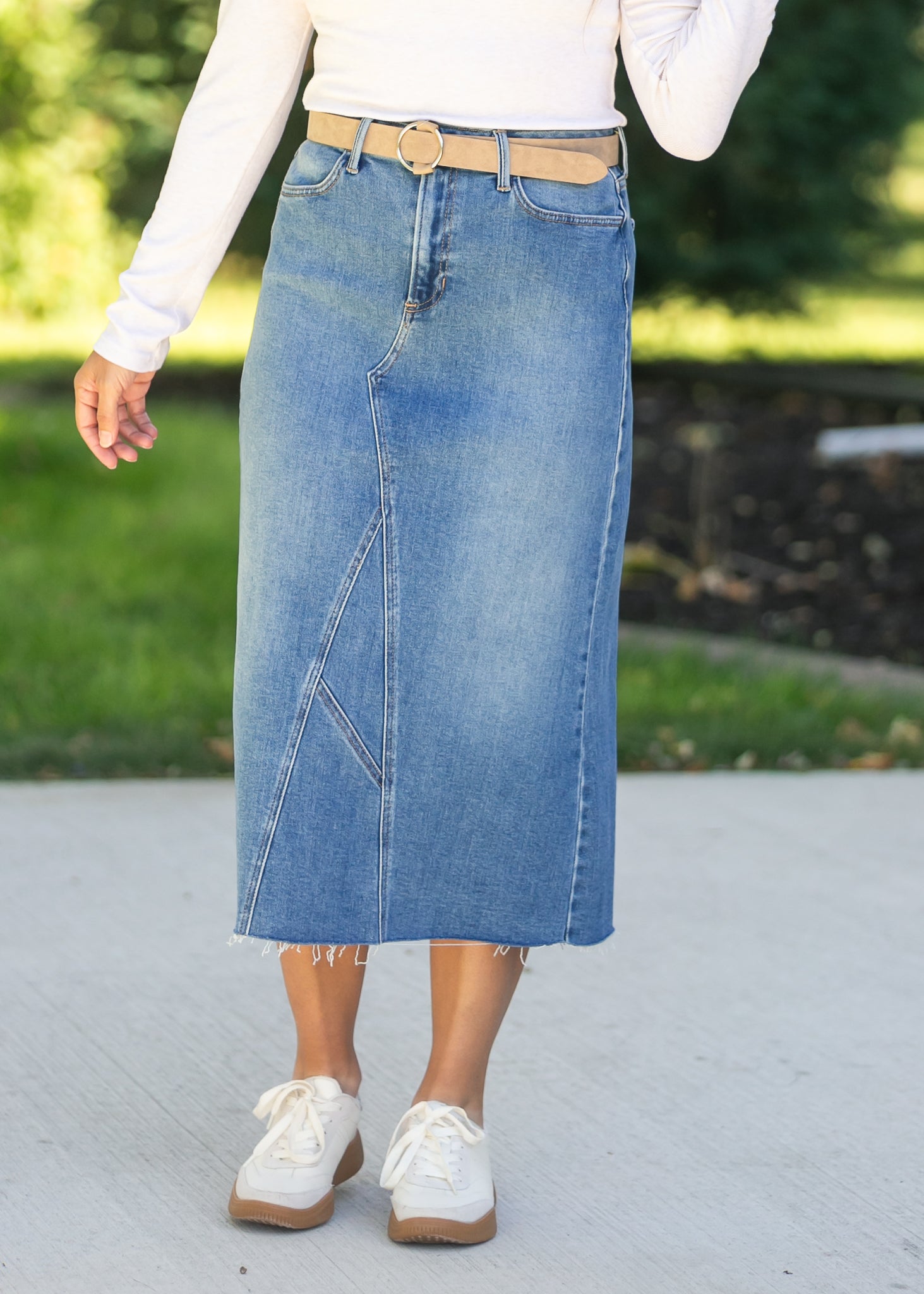 Inherit Co. Lee A-Line Raw Hem Midi Skirt - FINAL SALE — construction detail