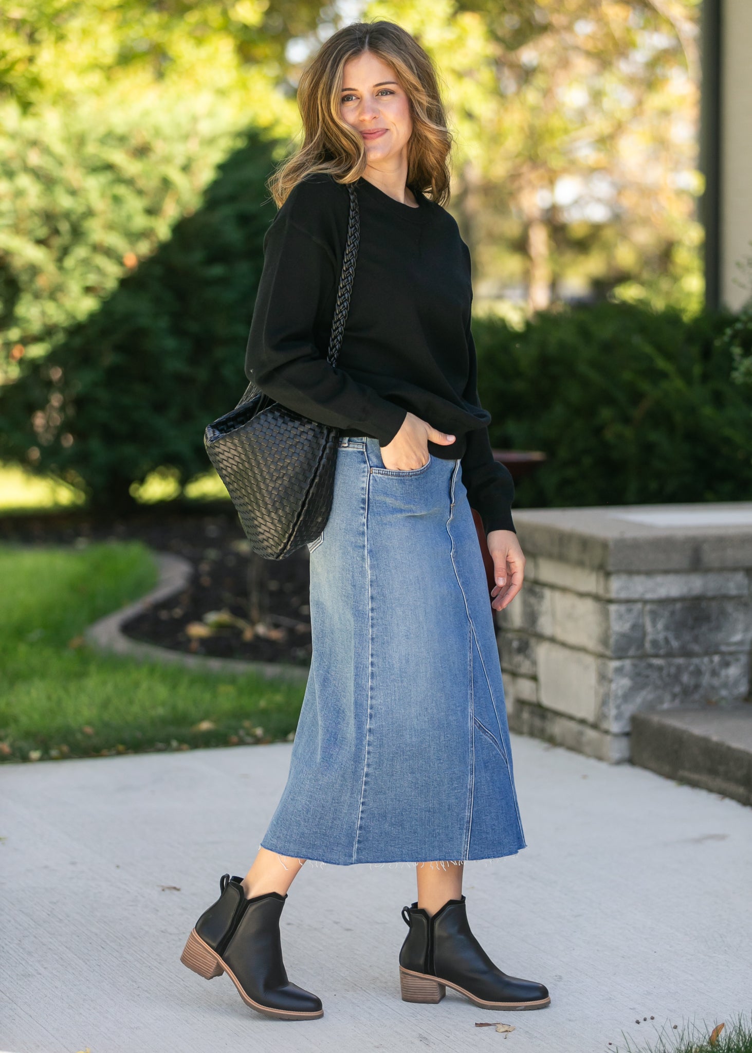 Inherit Co. Inherit Co. Lee A-Line Raw Hem Midi Skirt - FINAL SALE — product on model