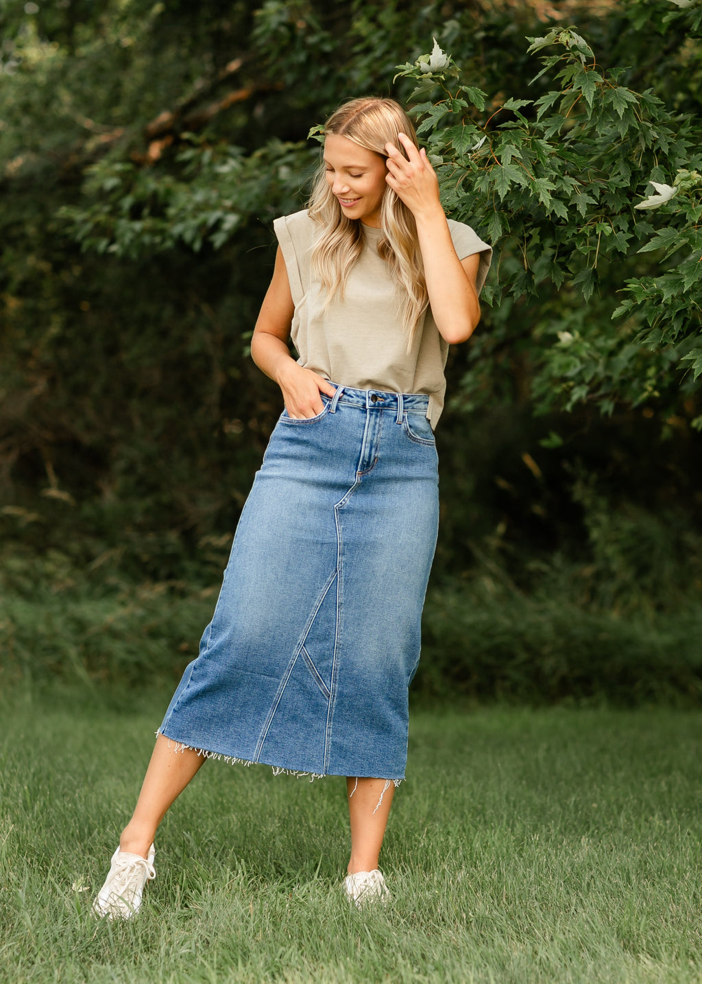 Inherit Co. Lee A-Line Raw Hem Midi Skirt - FINAL SALE — lifestyle worn / used context