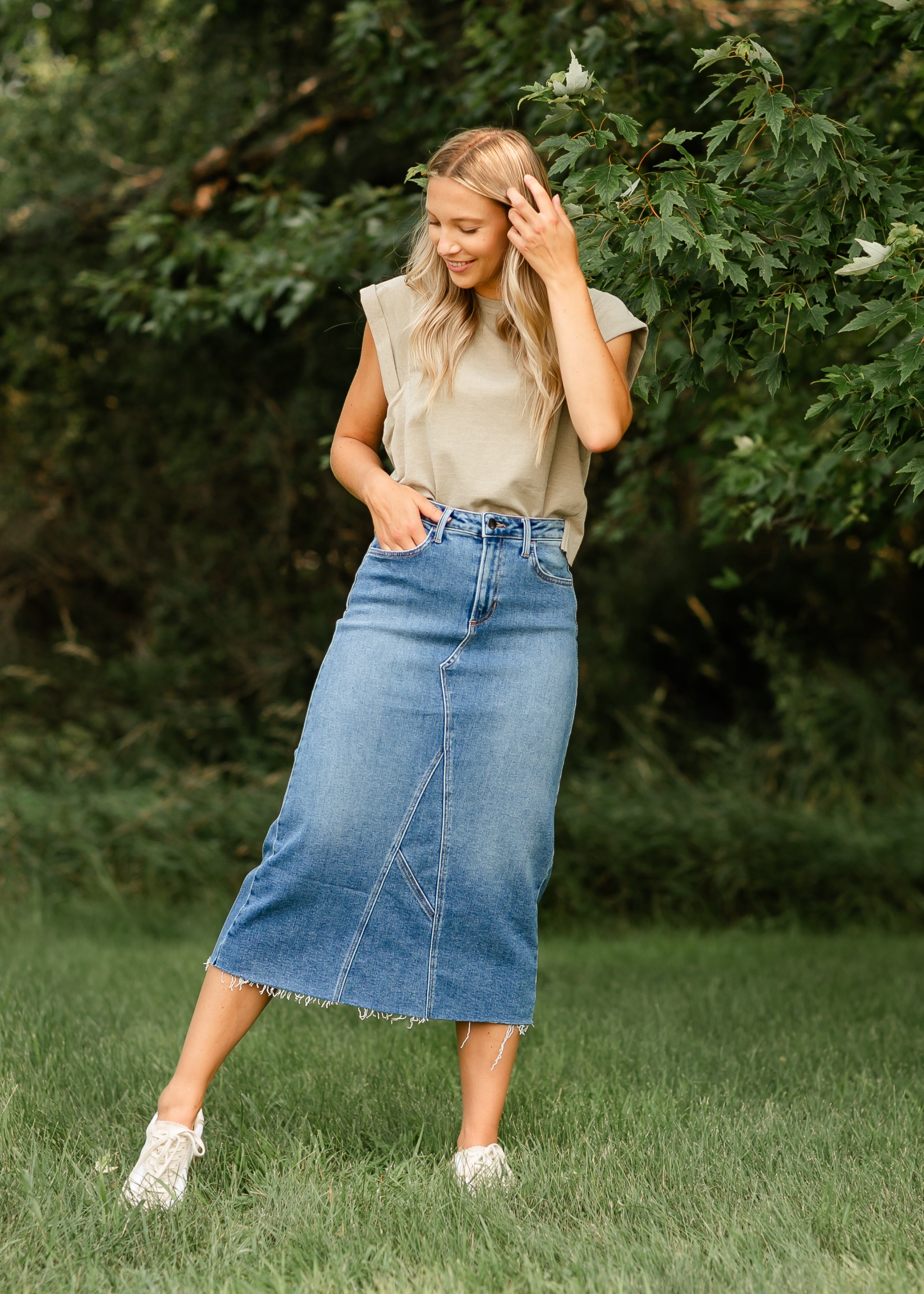 Inherit Co. Lee A-Line Raw Hem Midi Skirt - FINAL SALE — lifestyle worn / used context