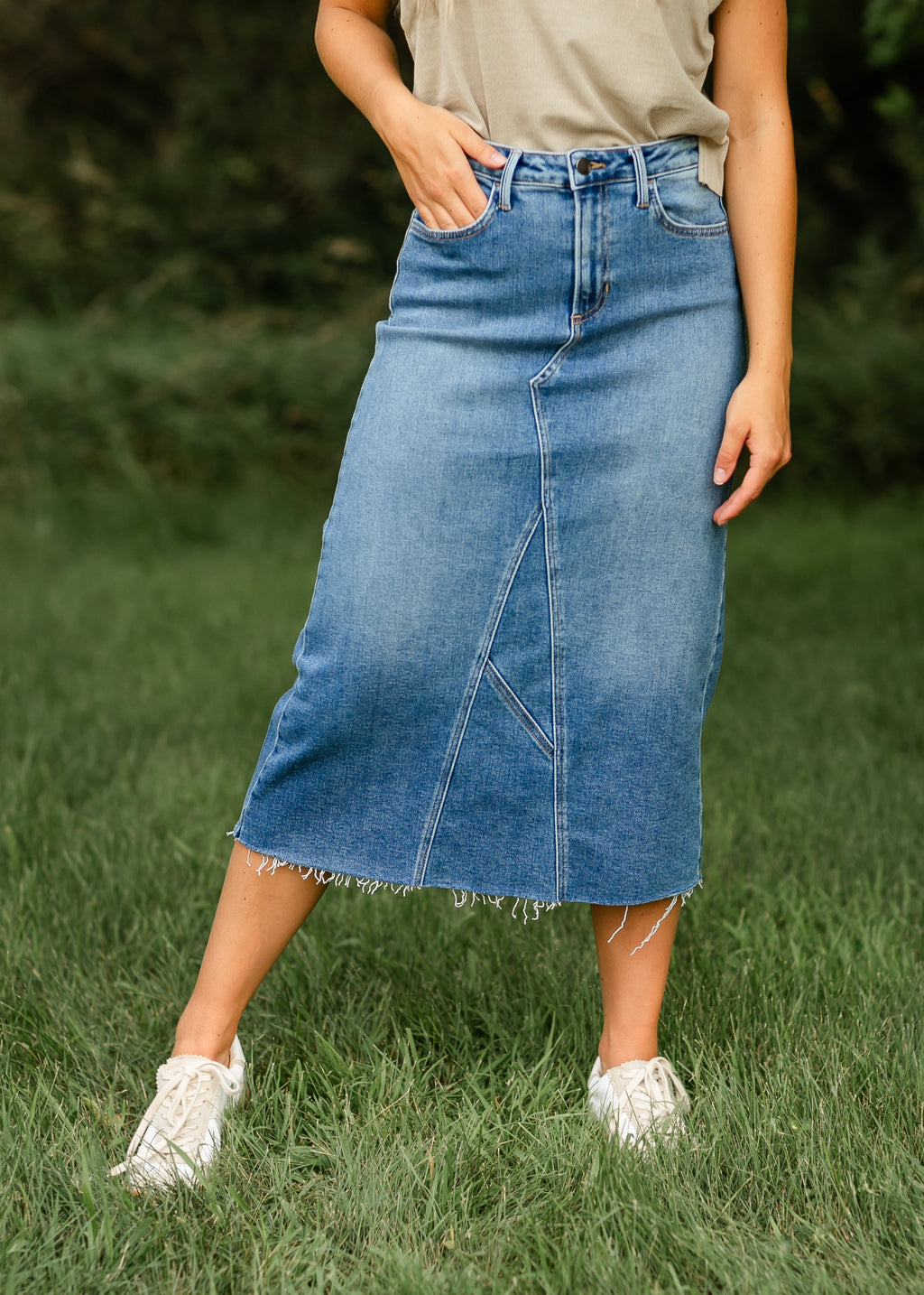 Inherit Co. Lee A-Line Raw Hem Midi Skirt - FINAL SALE — ic skirts category context