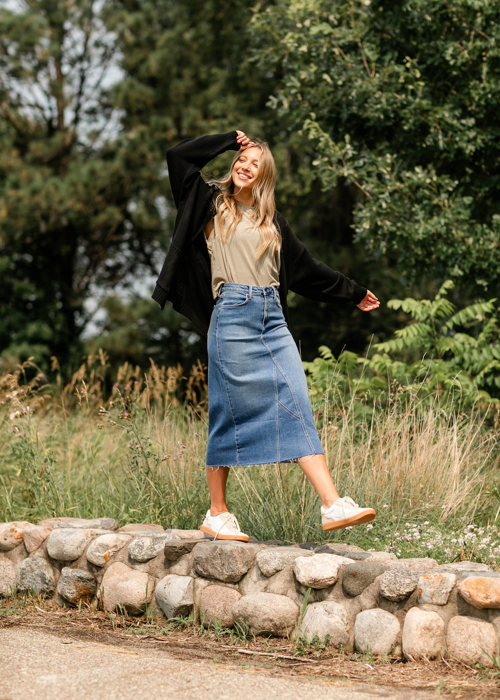 Inherit Co. Lee A-Line Raw Hem Midi Skirt - FINAL SALE — Inherit Co. branding close-up