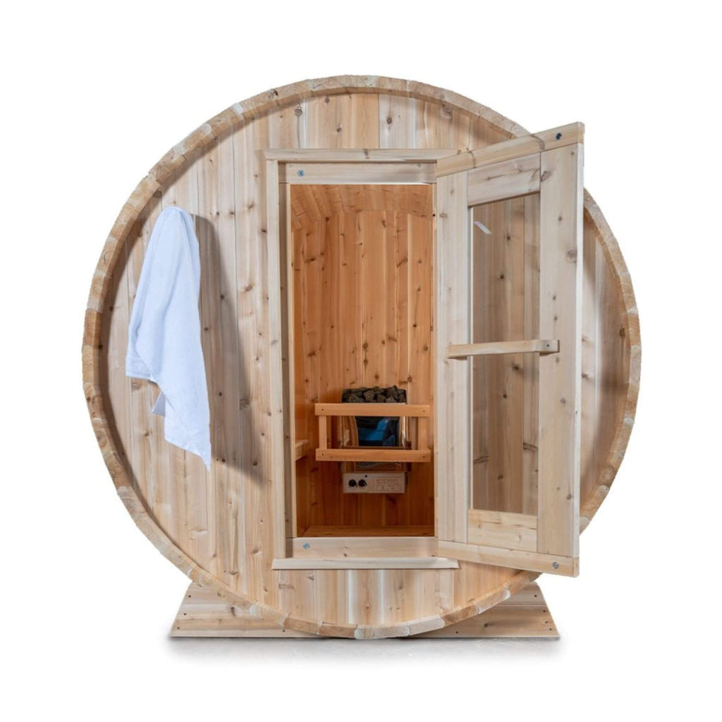 Dundalk Leisurecraft 84-Inch 4-Person Canadian Timber Harmony Barrel Sauna With Solid Wood Benches [CTC22W] (SAK96842) – SAKS