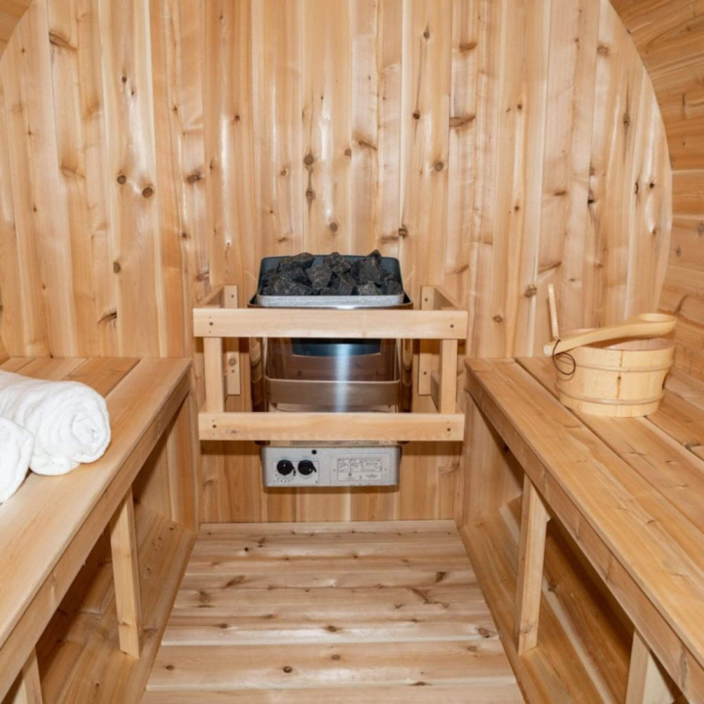 Dundalk Leisurecraft 84-Inch 4-Person Canadian Timber Harmony Barrel Sauna With Solid Wood Benches [CTC22W] (SAK96842) – SAKS