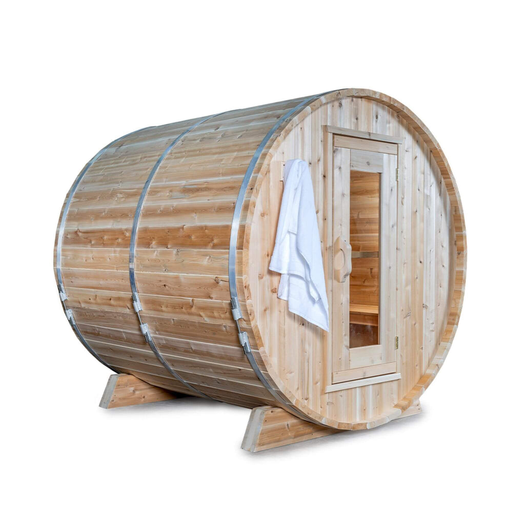 Dundalk Leisurecraft 84-Inch 4-Person Canadian Timber Harmony Barrel Sauna With Solid Wood Benches [CTC22W] (SAK96842) – SAKS