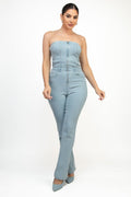 Lena Lightwash Denim Tube Strapless Stretch Zip-Up Pocketed Jumpsuit