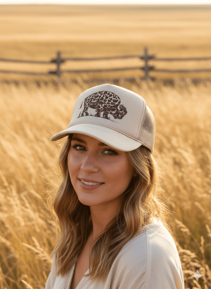 Wild Junkie Leopard Buffalo Trucker Hat — Wild Junkie branding close-up