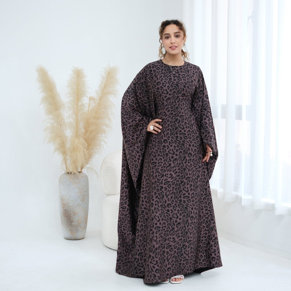 Leopard Print Batwing Maxi Dress(MA447)