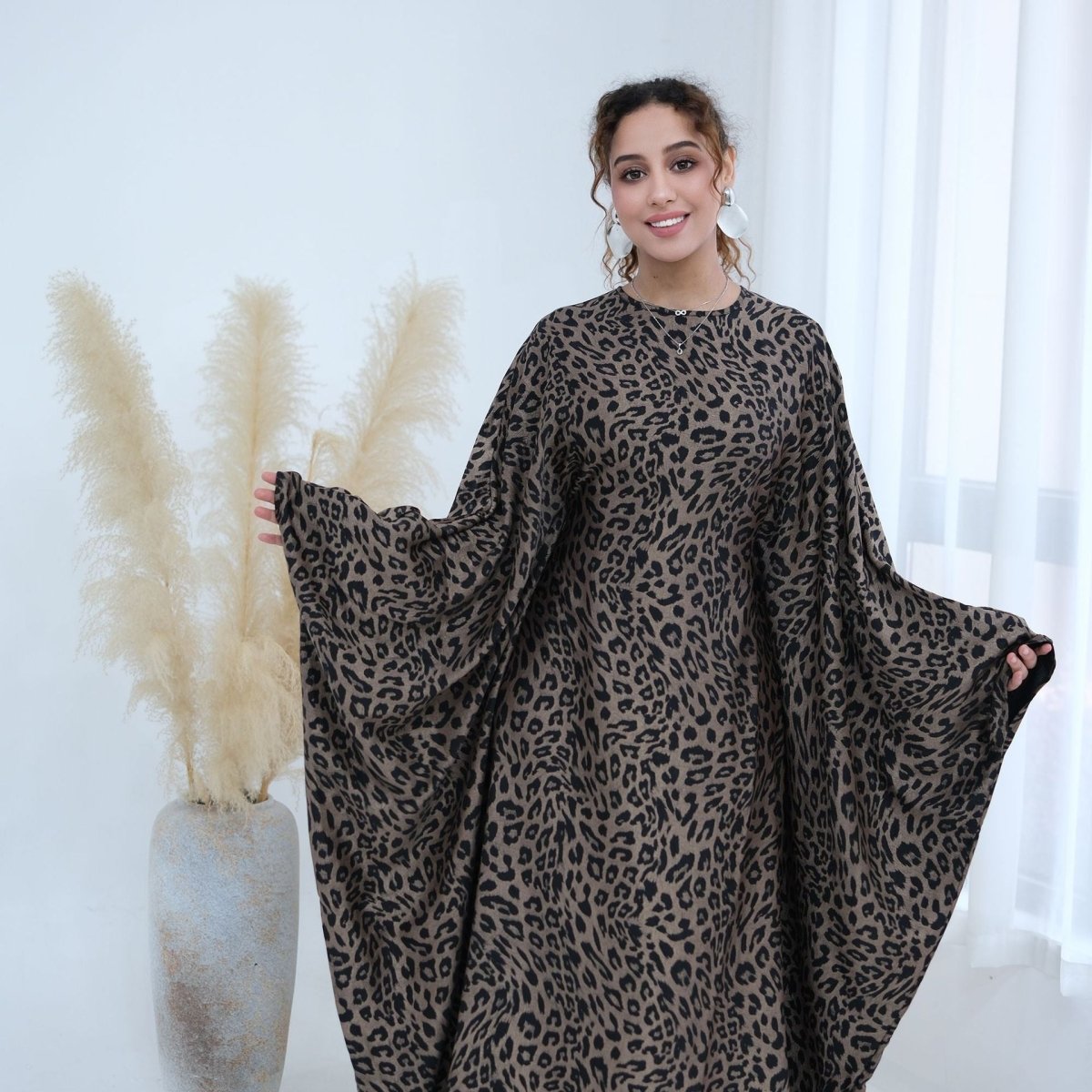 Leopard Print Batwing Maxi Dress(MA447)