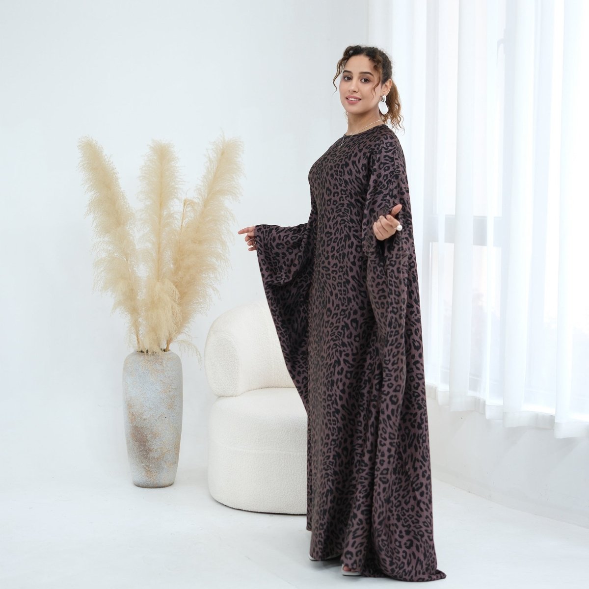 Leopard Print Batwing Maxi Dress(MA447)