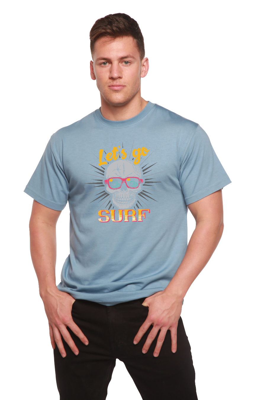 Spun Bamboo Let`s go SURF Men's Bamboo Viscose/Organic Cotton Short Sleeve Graphic T-Shirt — fabric or material detail