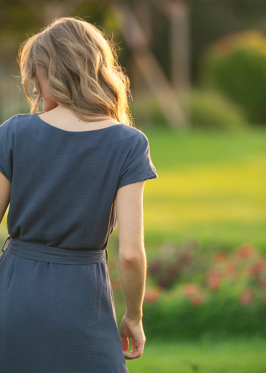 Inherit Co. Lily Navy Gauze Belted Midi Dress — in-use photo
