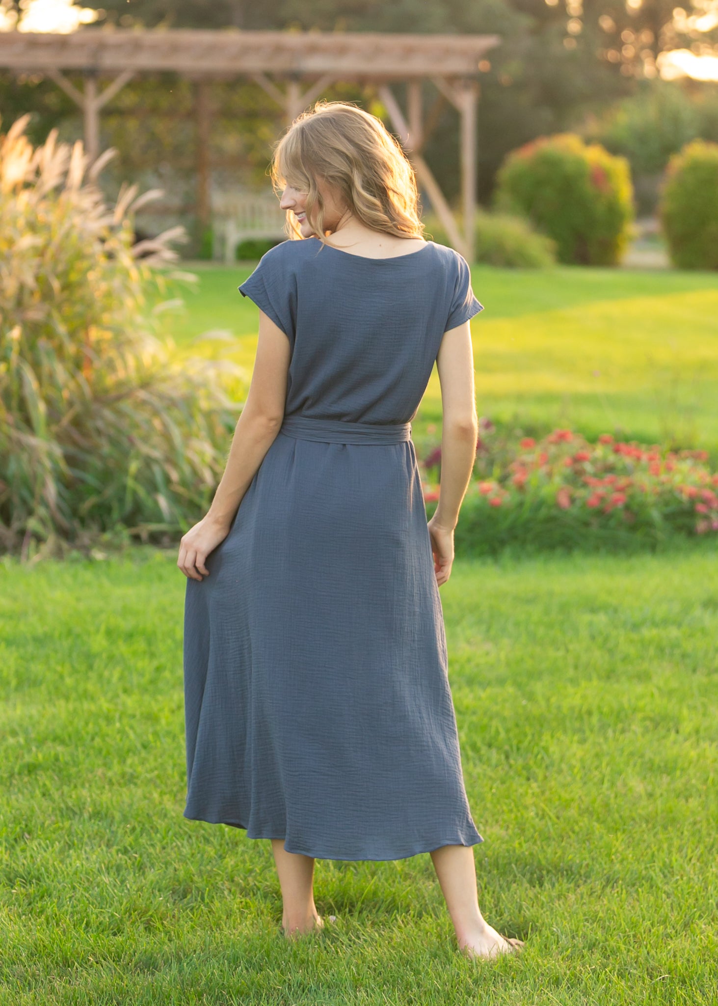 Inherit Co. Lily Navy Gauze Belted Midi Dress — side view