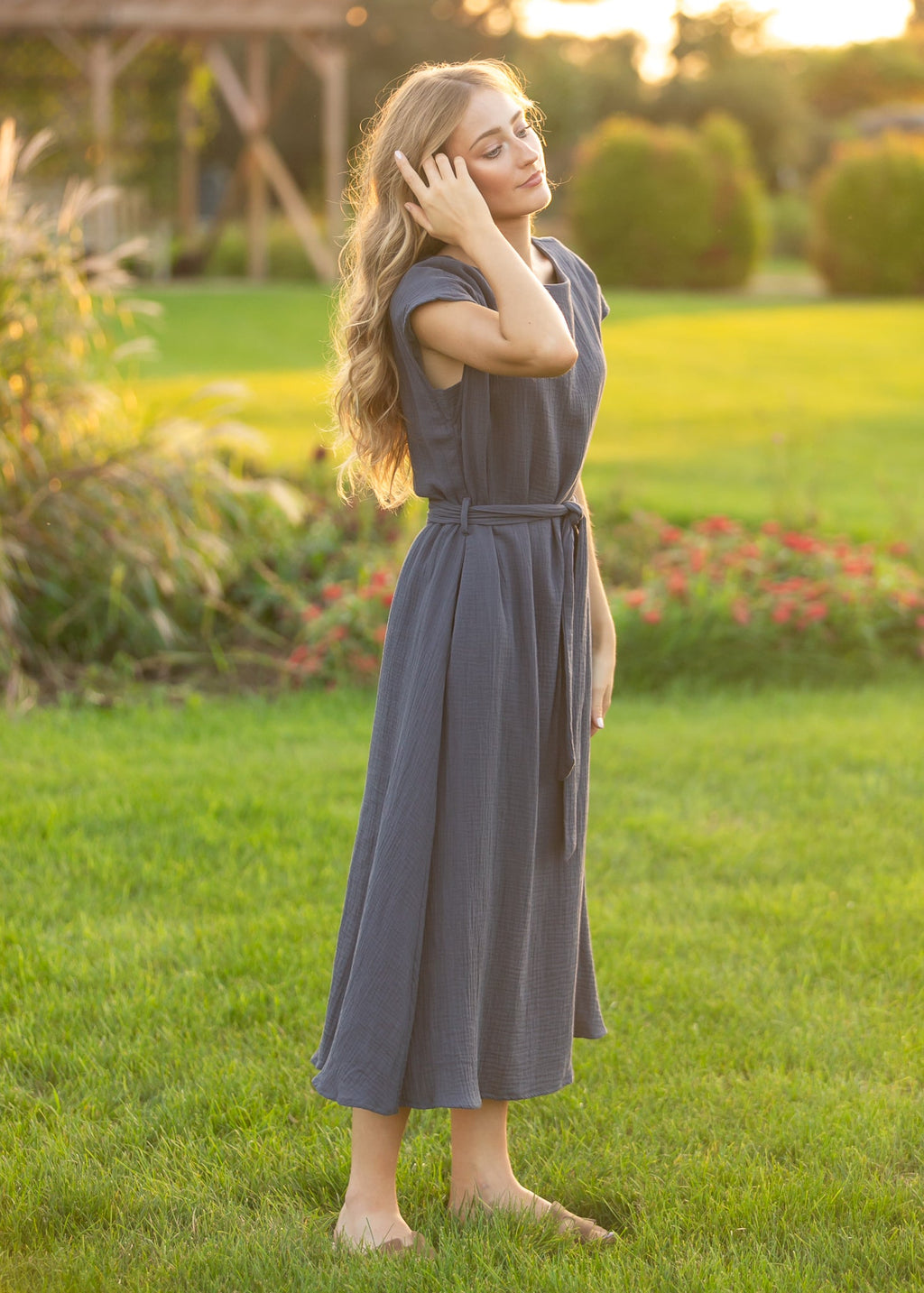 Inherit Co. Lily Navy Gauze Belted Midi Dress — size reference