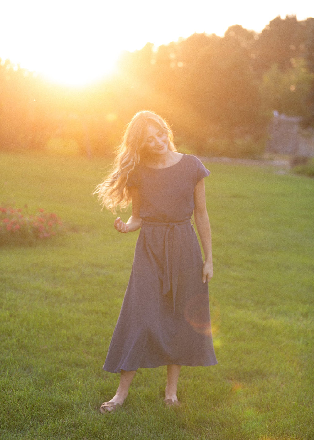 Inherit Co. Lily Navy Gauze Belted Midi Dress — color detail