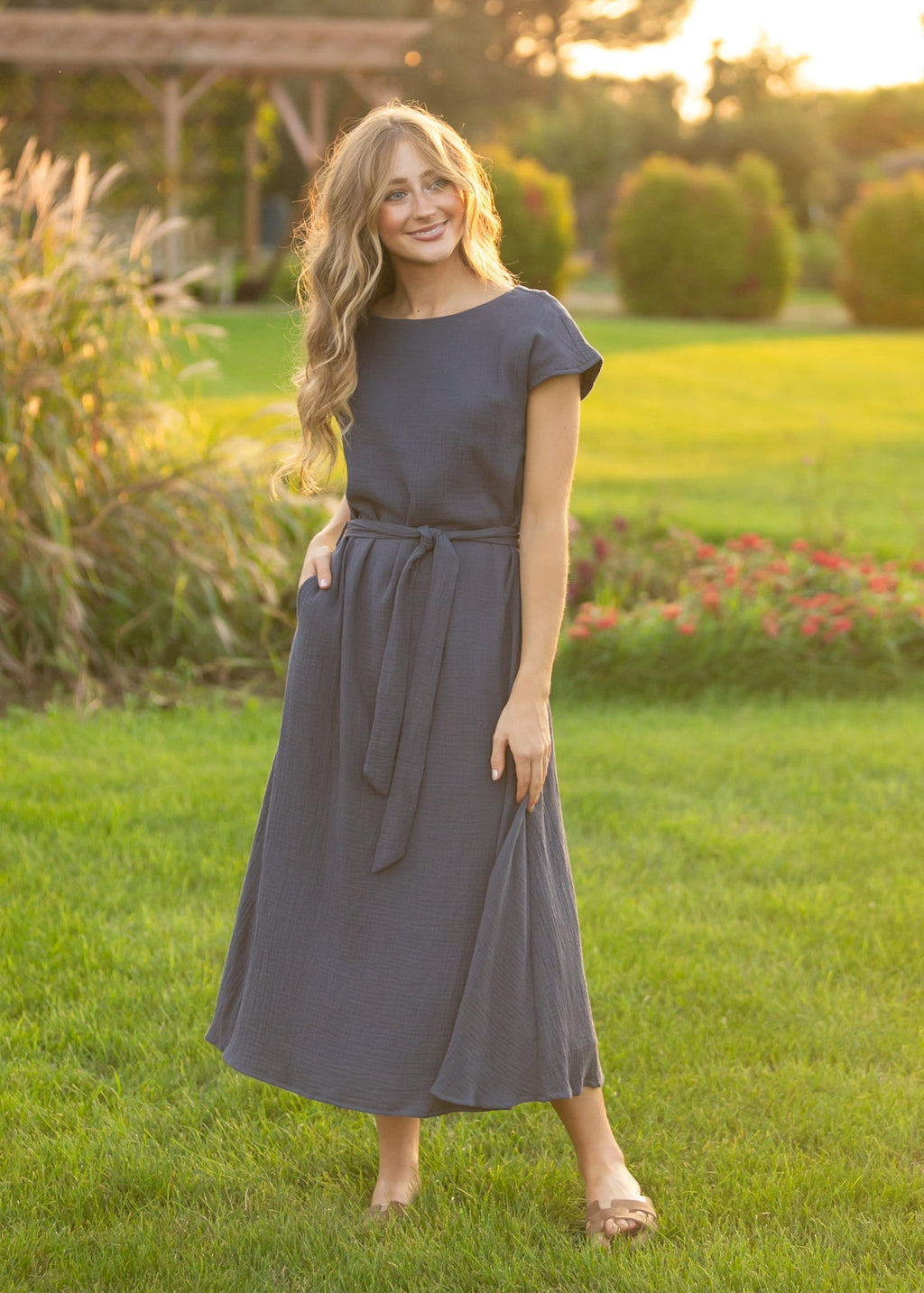 Inherit Co. Lily Navy Gauze Belted Midi Dress — main product shot