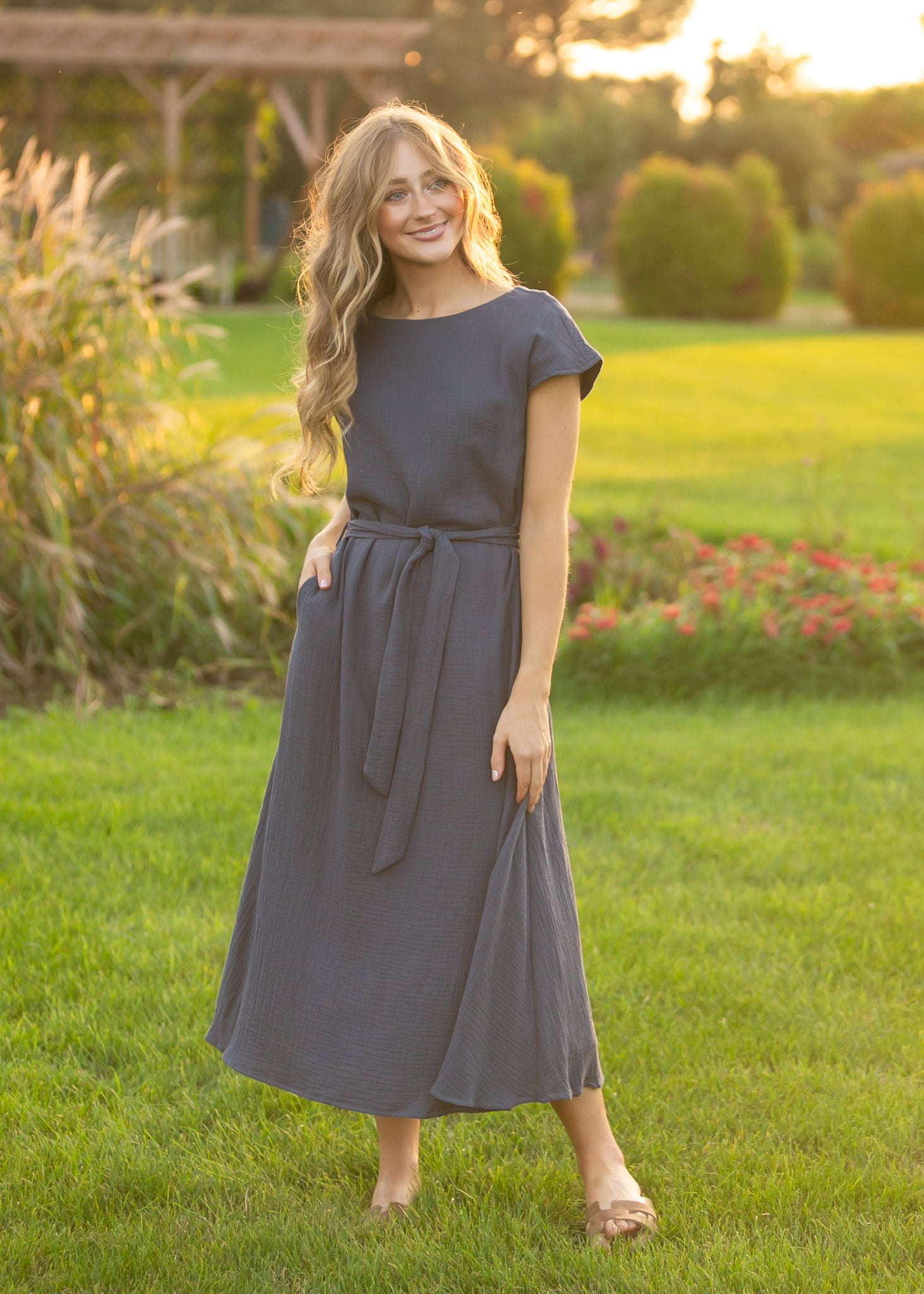 Inherit Co. Lily Navy Gauze Belted Midi Dress — main product shot