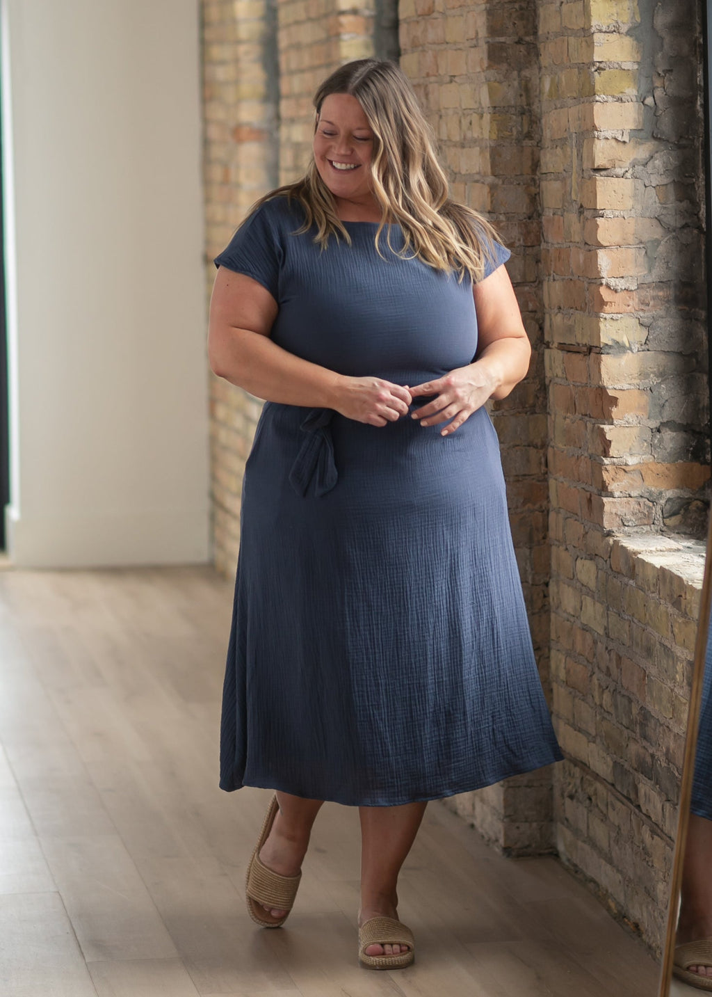 Inherit Co. Lily Navy Gauze Belted Midi Dress — detail close-up