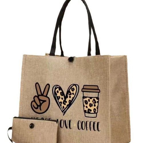 Linen Printed Tote Bag Set Natural Eco-Friendly Two-Piece Bag with Coin Purse(MAC258)