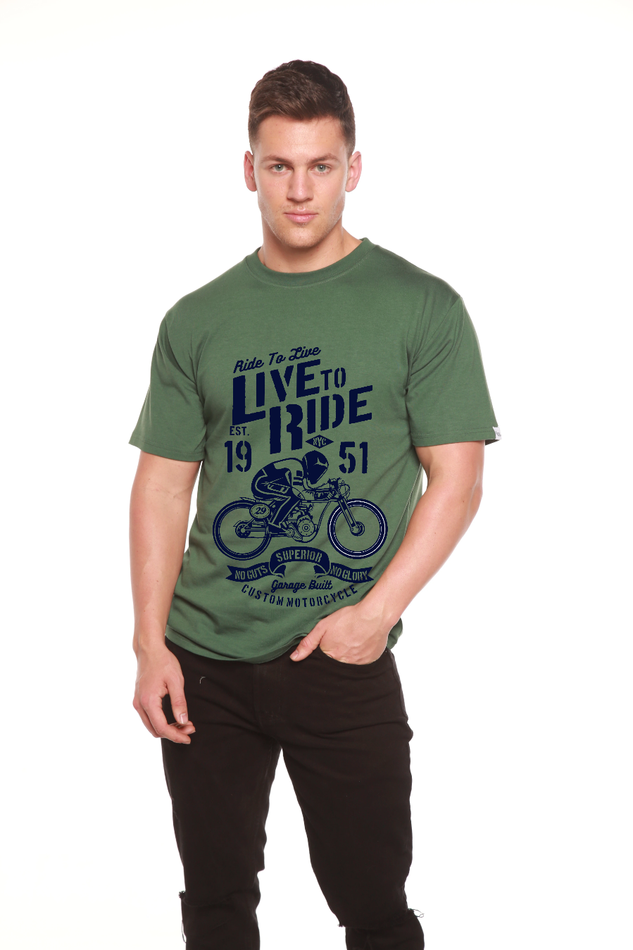 Spun Bamboo Live To Ride Men's Bamboo Viscose/Organic Cotton Short Sleeve Graphic T-Shirt — in-use photo